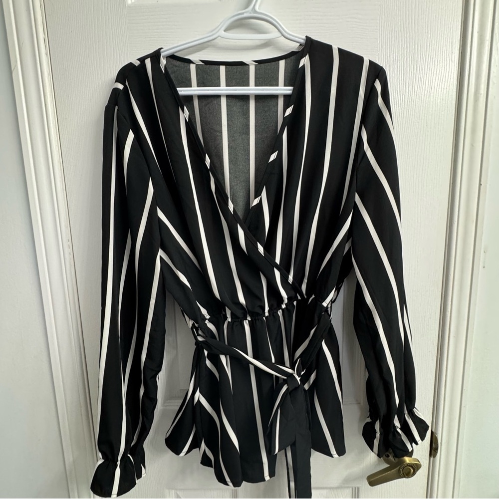 SHEIN Curve Black White Striped Wrap Blouse 2XL Tie Waist Long Sleeve NWOT